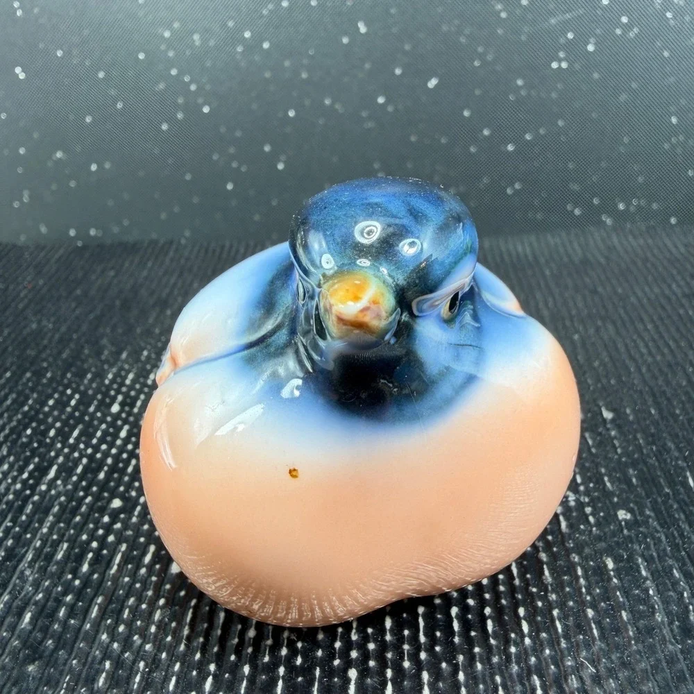 Vintage Chubby Blue Bird Porcelain Figurine Round Glossy Glazed Figure 2.5 inch